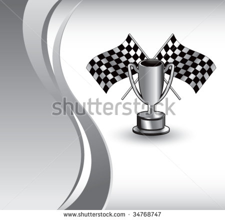 Racing Checkered Flags And Trophy On Vertical Wave Background Stock