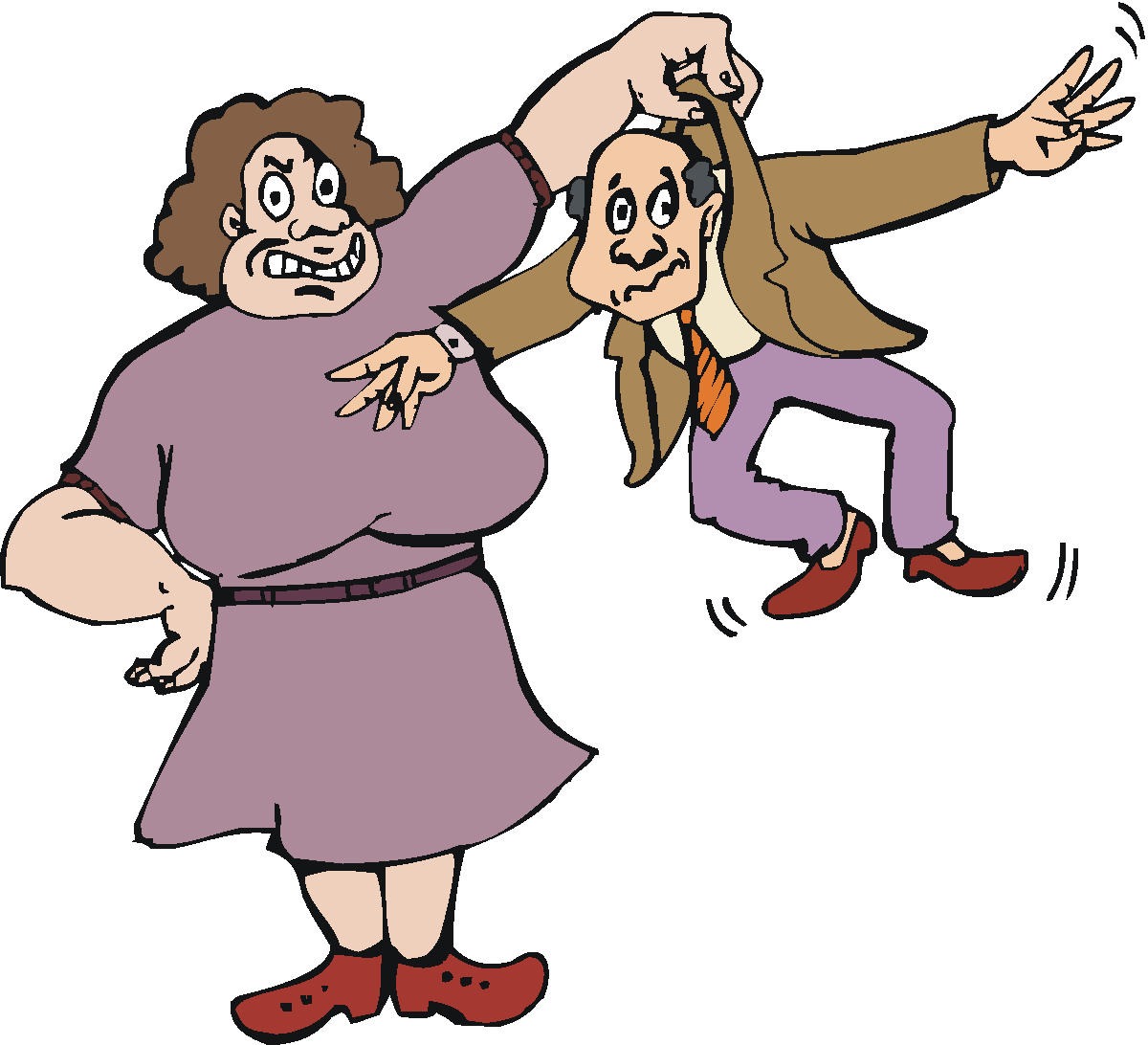 Cartoon Of Big Woman Holding Man By Nape Of The Neck