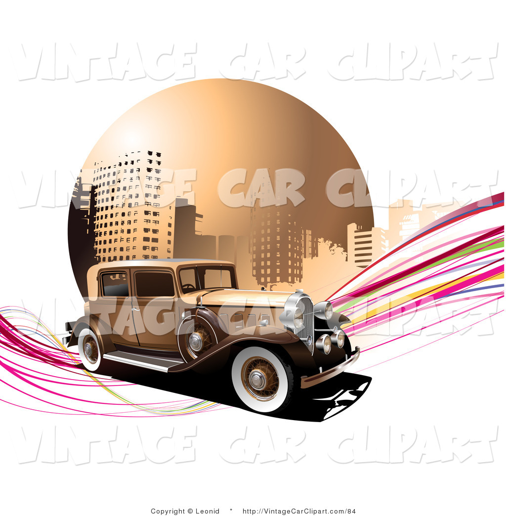 Larger Preview  Clipart Of A Brown Vintage Car On Pink Waves In Front