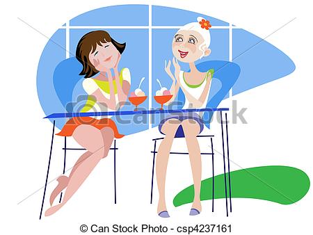 Vector Clip Art Of Girlfriend In A Cafe   Two Young Girls Fun Talking