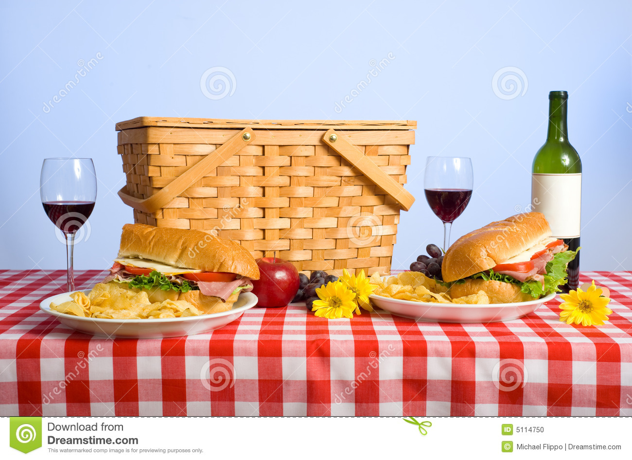 Picnic Lunch On A Red And White Gingham Tablecloth Including A