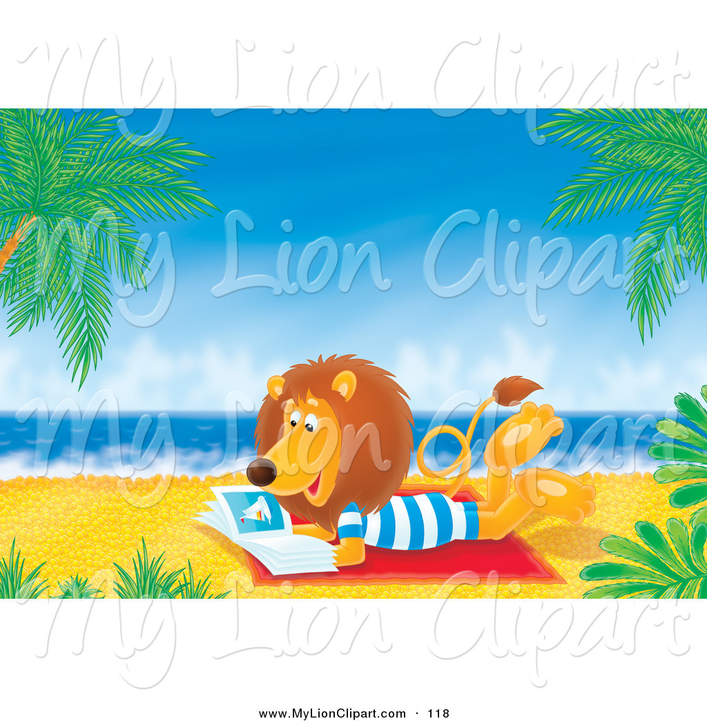 Preview  Clipart Of A Relaxing Lion Reading A Book On A Tropical Beach    