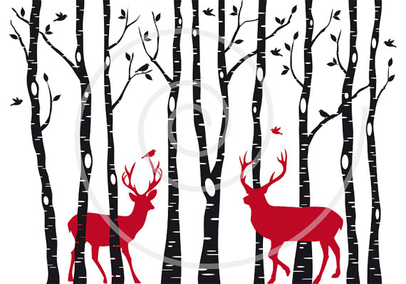 Birch Trees With Reindeer Digital Clipart Digital Art By Illustree