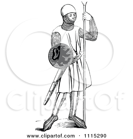 Clipart Vintage Black And White Medieval Soldier   Royalty Free Vector    