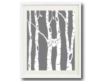 Custom Wedding Art Print 5x7 Birch Trees Couples Initials Heart Grey