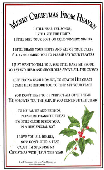 Merry Christmas From Heaven Ornament Poem Card