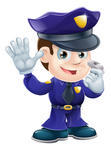 Cute Police Man Character Holding A Whistle And Waving Or Doing A