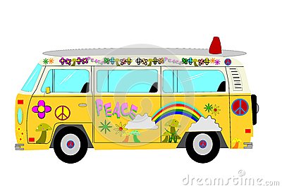 Hippie Van From Sixties And Seventies With Patterns And Surf Board On    