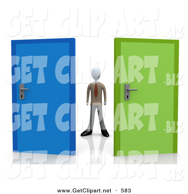 3d Clip Art Of A Uncertain Businessman Standing Between A Blue And A