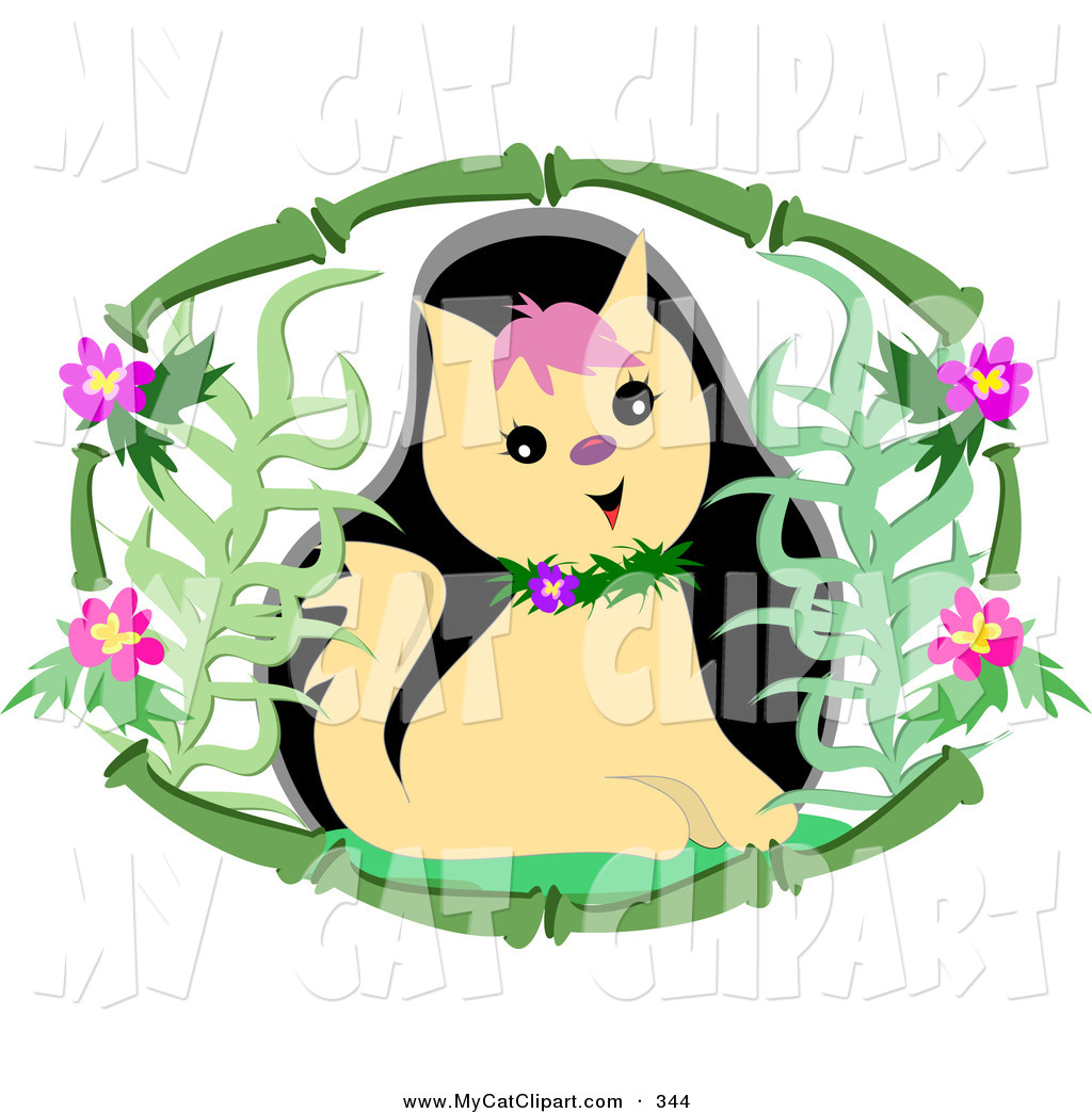 Clip Art Of A Cute Tan Kitty Cat Wearing A Floral Collar Inside A