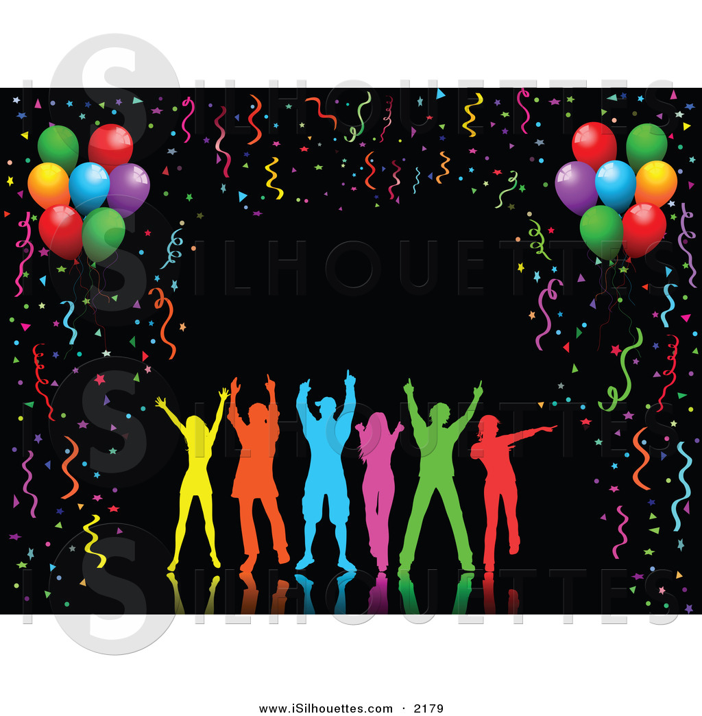Clipart Of A Silhouetted Group Of Colorful People Dancing Over A Black
