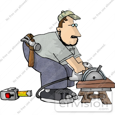 Carpenter Man Bending Over A Power Saw To Cut Wood Clipart    17435 By