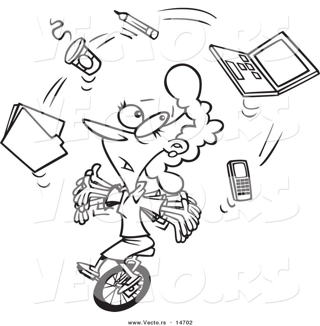 Cartoon Businesswoman Juggling Office Items On A Unicycle   Coloring