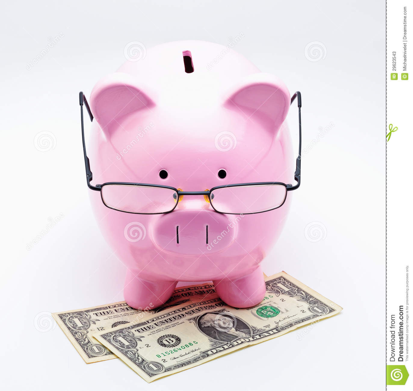 Piggy Bank With Glasses On U S  Dollars Illustrating Concepts Of Money