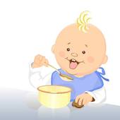 Vector Baby Eats With A Spoon From A Bowl   Stock Illustration