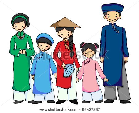 Vietnamese Family In Vietnamese Traditional Costume   Stock Photo