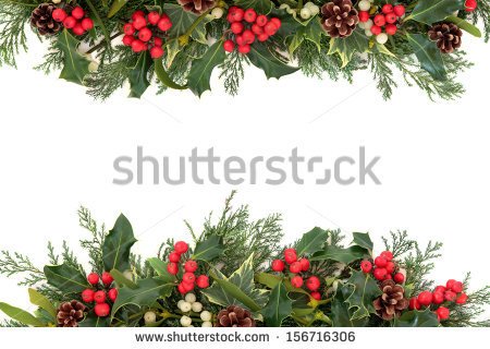 Christmas Floral Border With Holly Ivy Mistletoe Pine Cones And