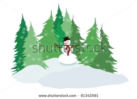 Snowman Vector With Falling Snowflakes And Pine Tree Farm Or Forest In