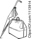 Clipart Vintage Black And White Umbrella Leaning Against A Bag Royalty