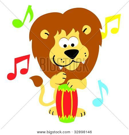 Lion On Bongos Drums Illustration Cartoon King Of The Jungle Jamming