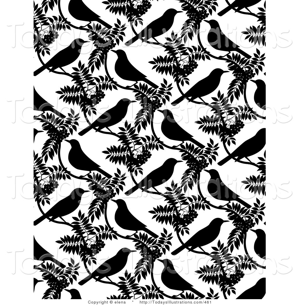 Background Of Black Birds And Leaves On White Black And White