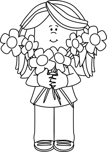 Black And White Girl Holding A Bunch Of Flowers Clip Art Image   Black