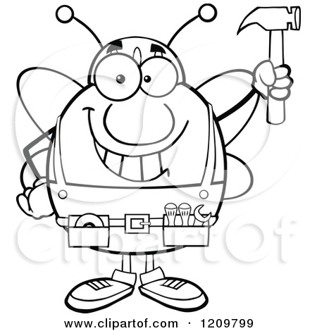 Black And White Happy Worker Bee Mascot Holding Up A Hammer By Hit