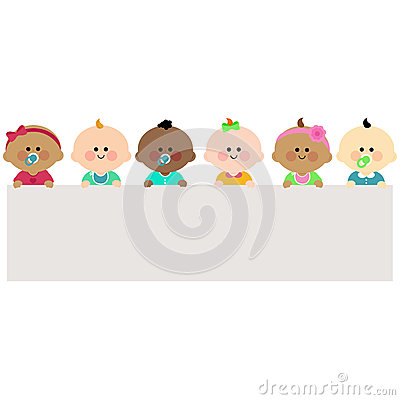 Happy Multicultural Group Of Babies Holding A Blank Horizontal    