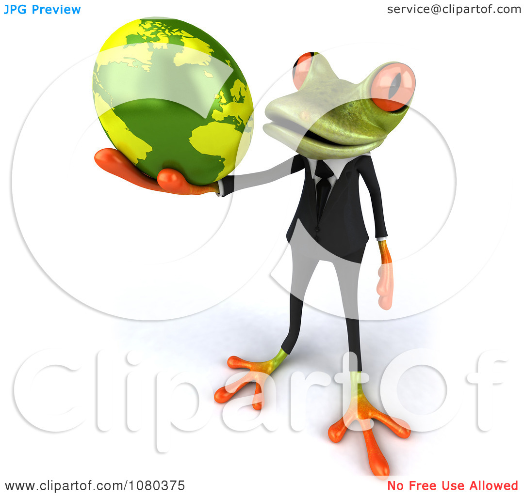 Clipart 3d Business Frog Standing And Holding A Globe   Royalty Free