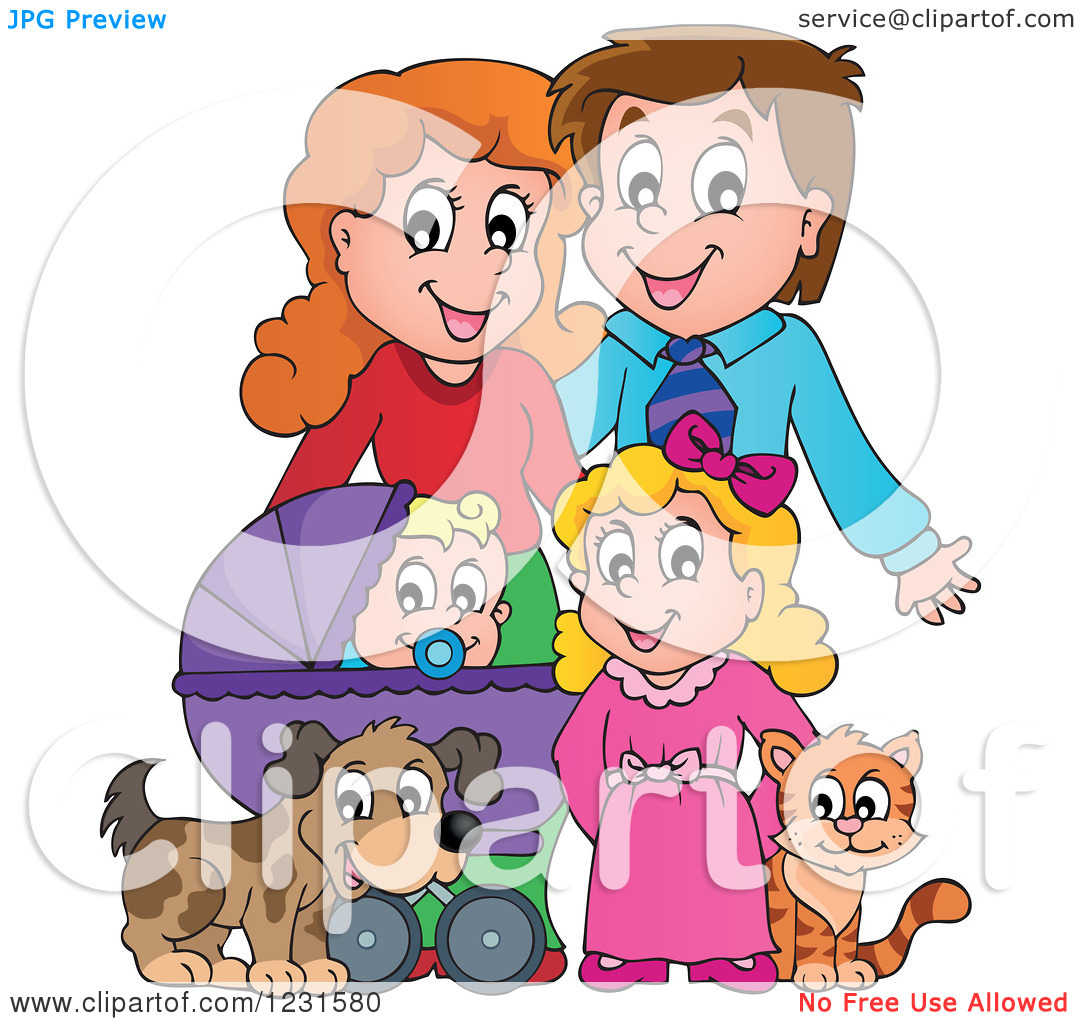 Clipart Of Happy Parents With A Baby Daughter Dog And Cat   Royalty    