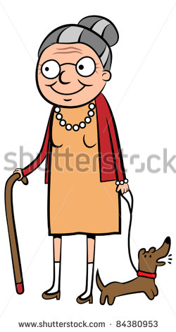 Happy Old Cartoon Woman Walking Her Dog Vector Illustration   Stock