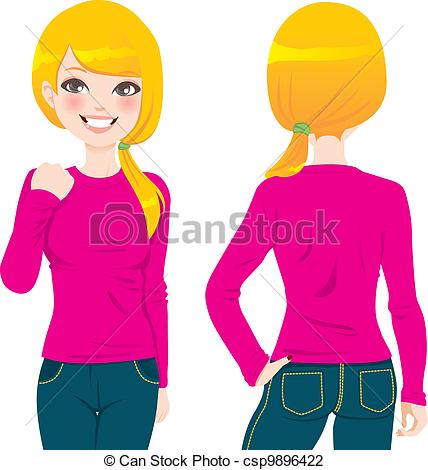 View Of Beautiful Blond Woman Wearing Pink Tight Long Sleeve T Shirt