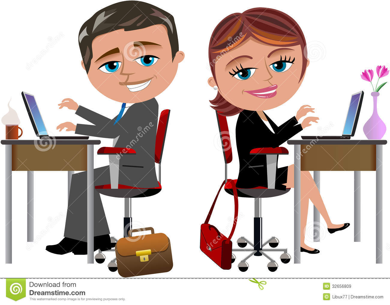 Illustration Featuring Bob And Meg Working With Computer At Office