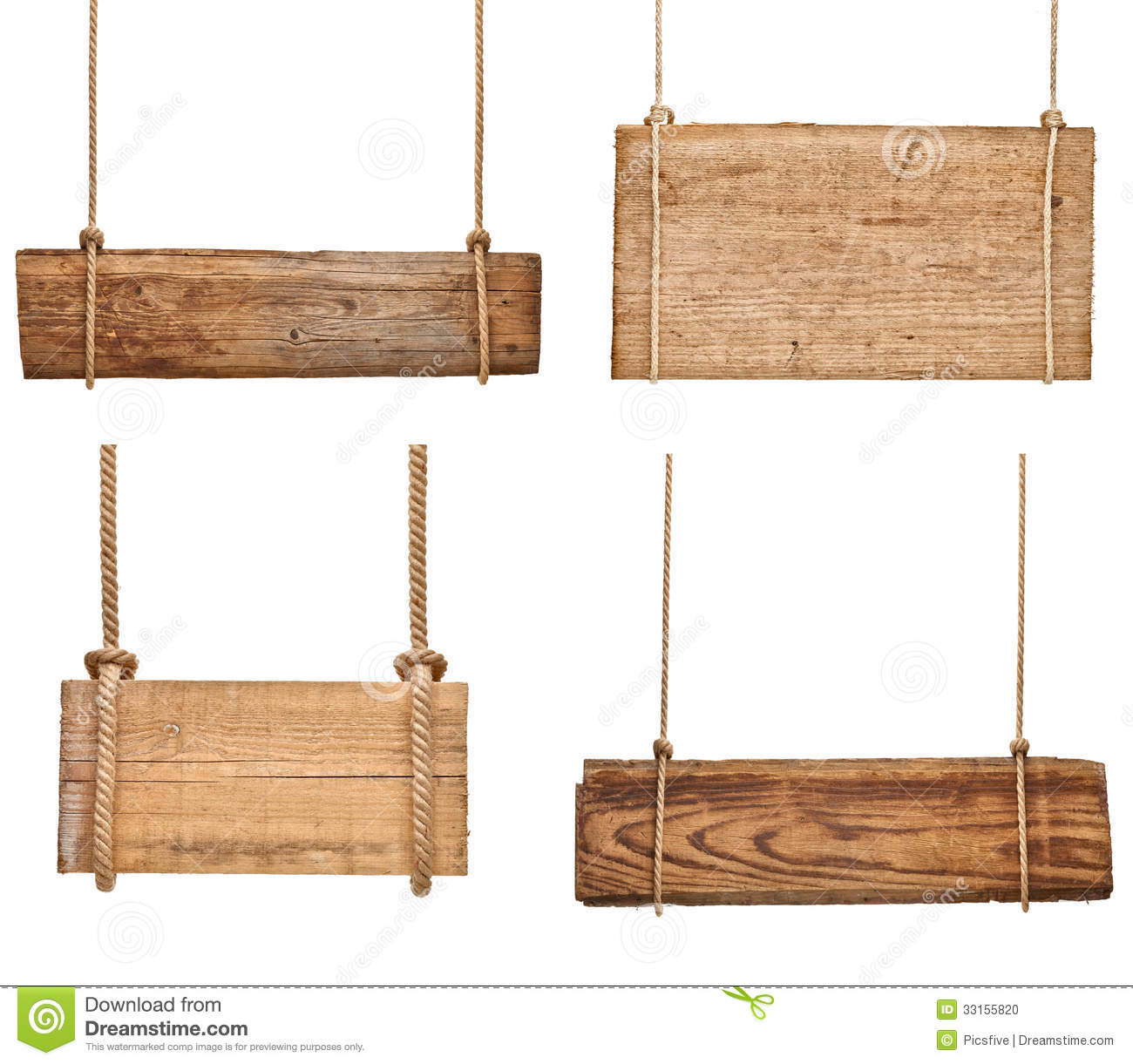 Collection Of Various Empty Wooden Signs Hanging On A Rope On White