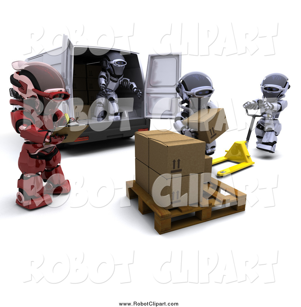 Clipart Of A 3d Red Supervisor Robot Watching Others Load Boxes Into A