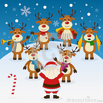 Six Cute Reindeer Characters Playing Musical Instruments And Singing