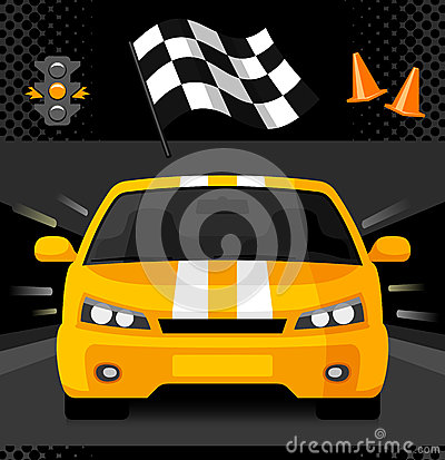 Yellow Street Racing Car With Sport Checkered Flag Traffic Light And