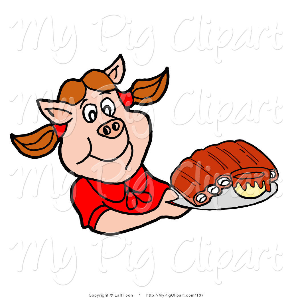 Clipart Of A Hungry Pig Girl In A Red Shirt Holding A Tray Of Bbq