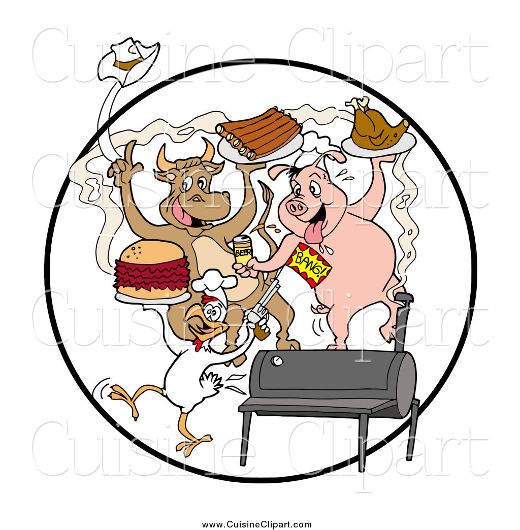 Cuisine Clipart Of Cow Pig And Chicken Dancing With Ribs Burgers And