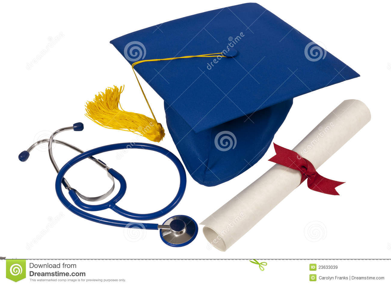 Blue Graduation Hat With Yellow Tassel Diploma With Red Ribbon And A