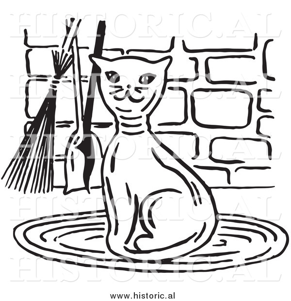 Clipart Of A Smiling Cat Beside Fireplace Tools   Black And White