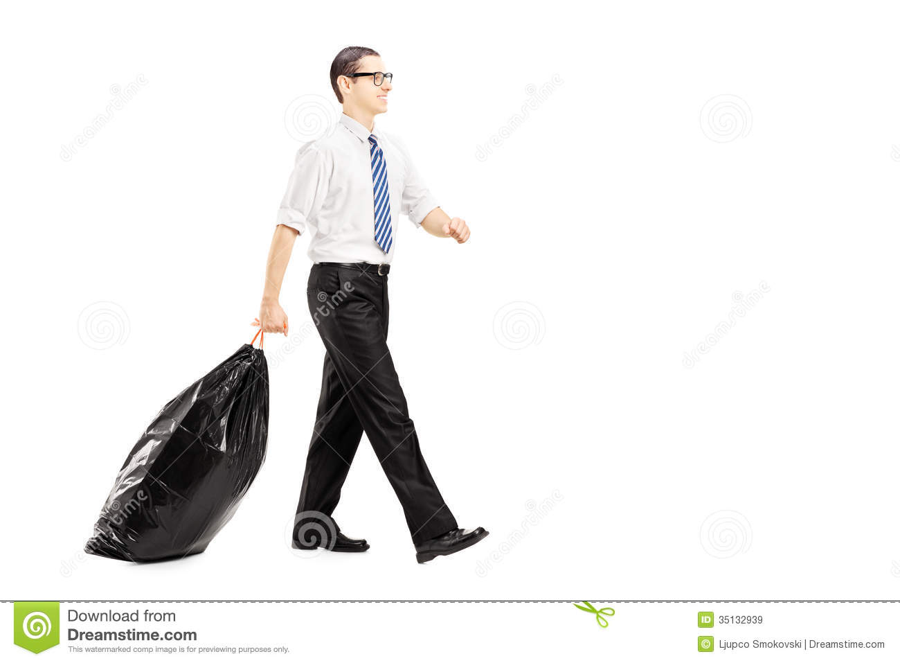 Male Carrying A Garbage Bag And Walking Isolated On White Background