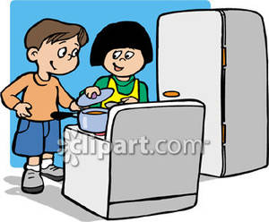 Kids Playing In A Toy Kitchen   Royalty Free Clipart Picture