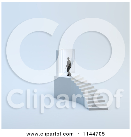 3d Tiny Man Walking Through A Door At The Top Of Stairs