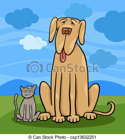 Clipart Vector Of Small Cat And Big Dog Cartoon Illustration   Cartoon