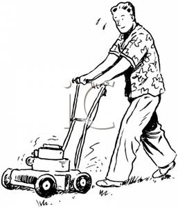 Retro Cartoon Of A Man Mowing The Lawn   Royalty Free Clipart Picture