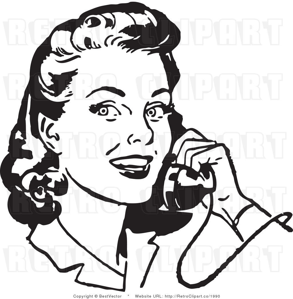Royalty Free Black And White Retro Vector Clip Art Of A Young Woman