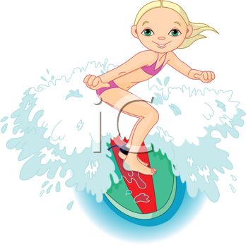 Young Girl Riding A Surfboard   Royalty Free Clip Art Picture