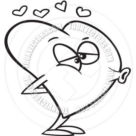 Cartoon Love Heart Puckering Its Lips For A Kiss  Black And White Line