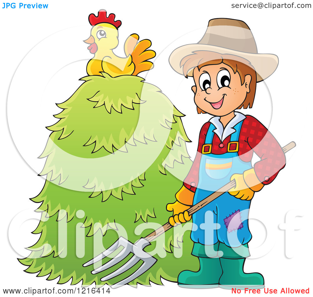 Clipart Of A Happy Farmer Holding A Pitchfork By A Pile Of Hay With A